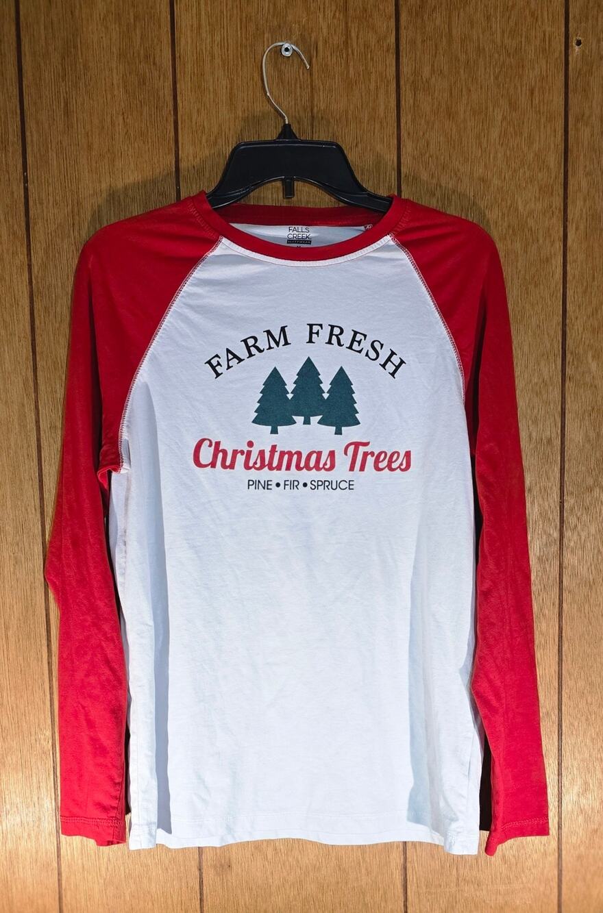 Falls Creek Sleepwear Women's M Christmas Trees Raglan Pajama Top Red White